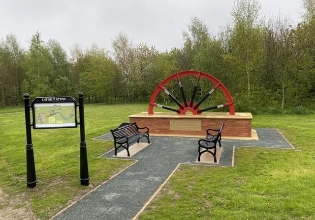 This is a photo of the completed Mining Wheel which is a memorial to the community of Selby Mines.