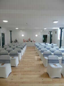 Phot shows covered chairs