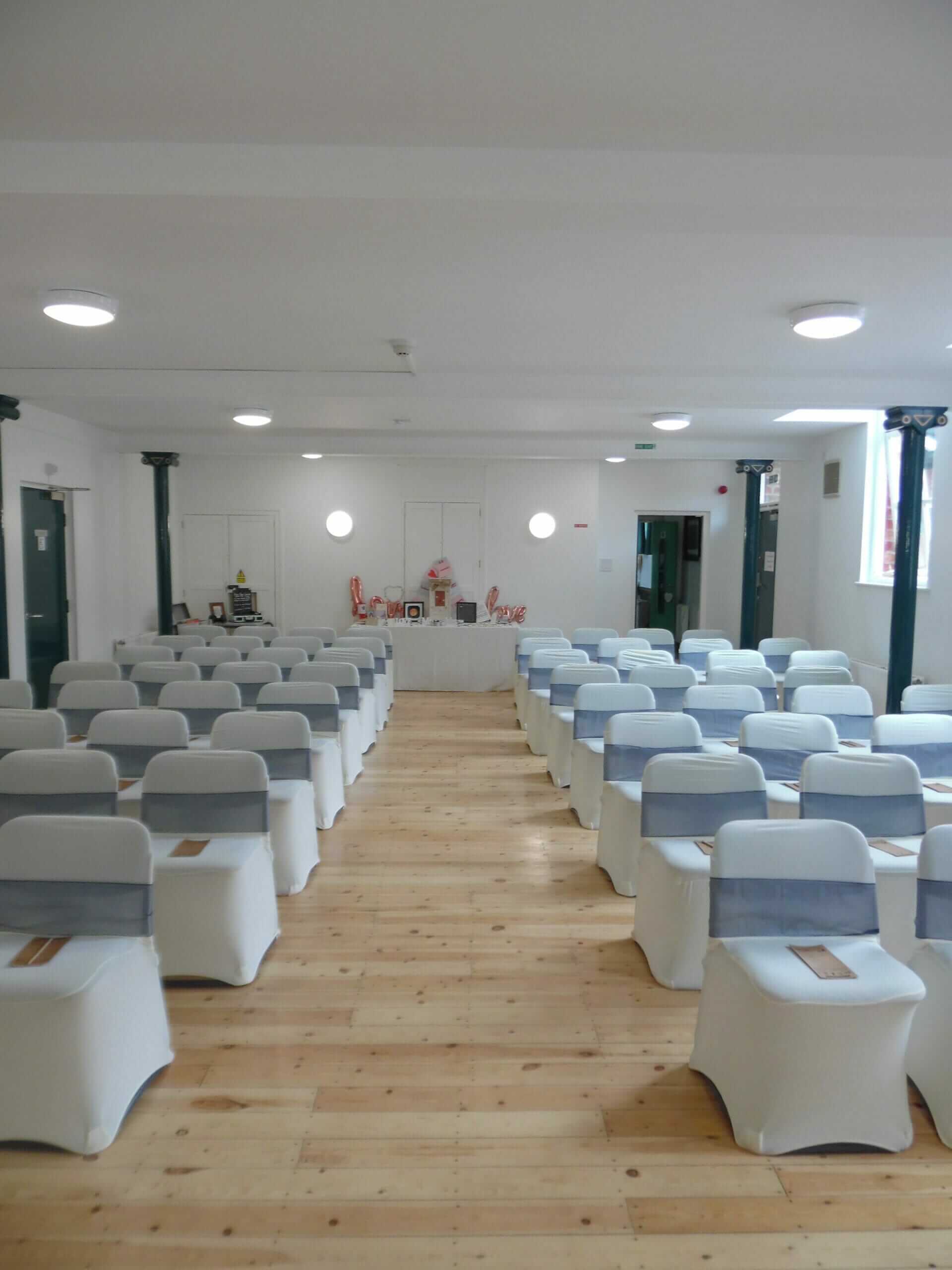 Photo shows covered chairs