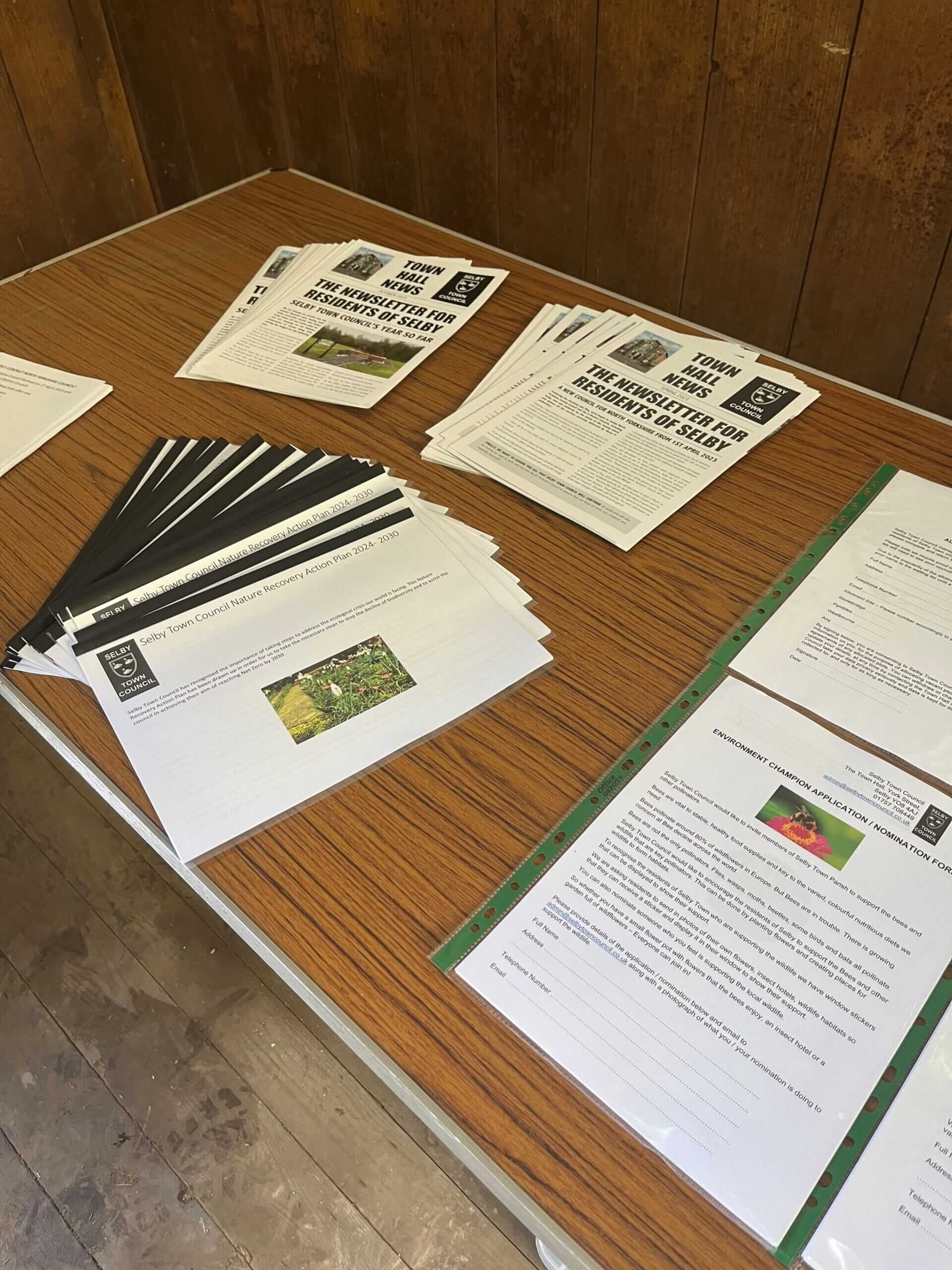 This photos shows a display of leaflets on a table for the Nature Recovery drop in day